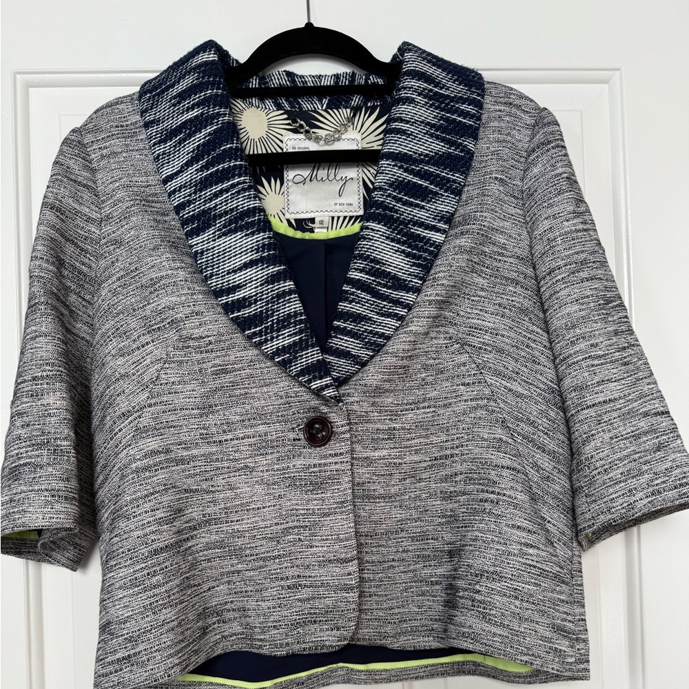 Milly of New York Cropped Gray Blue Linen/Cotton Blazer